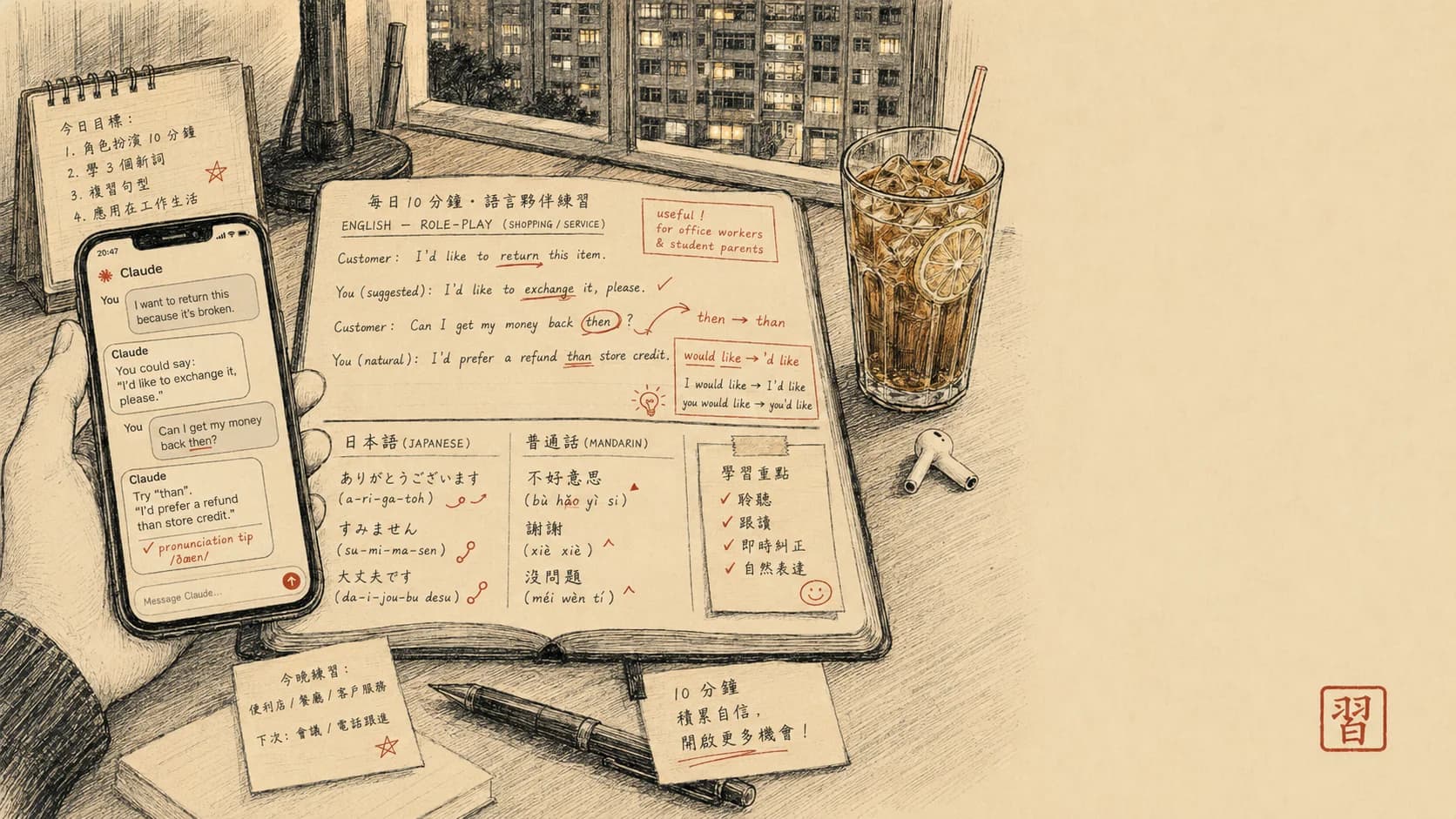 用 Claude 學語言：日常 10 分鐘對話夥伴（英文 / 日文 / 普通話）