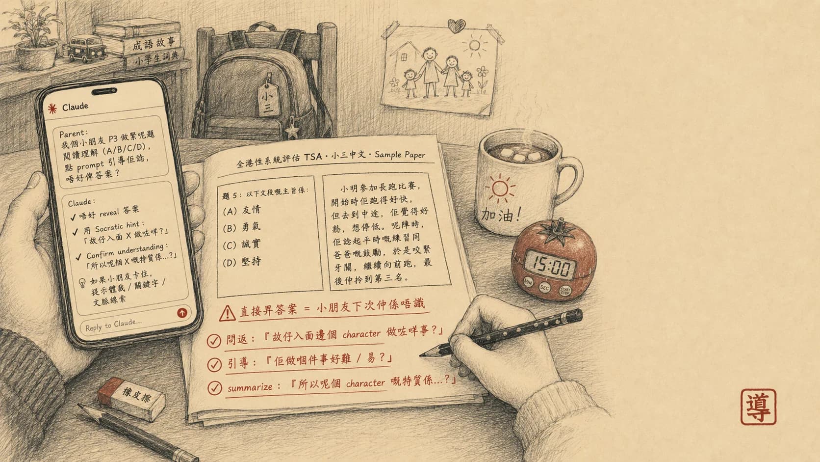 用 Claude 陪小朋友做 TSA 操卷：香港家長嘅引導式 prompt