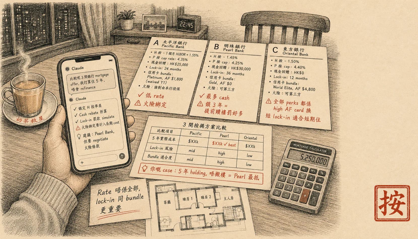 香港按揭比較教學:用 Claude 一次過拆 3 間銀行 fine print(連信用卡 + 保險)