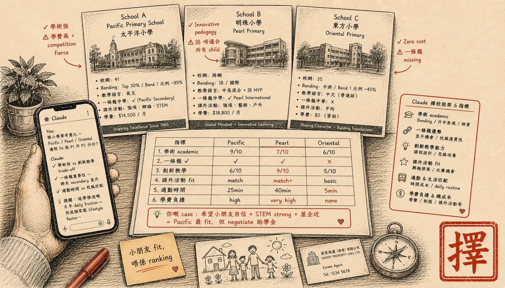揀小學 / 中學用 Claude 對比：由 prospectus 抽 6 個關鍵指標