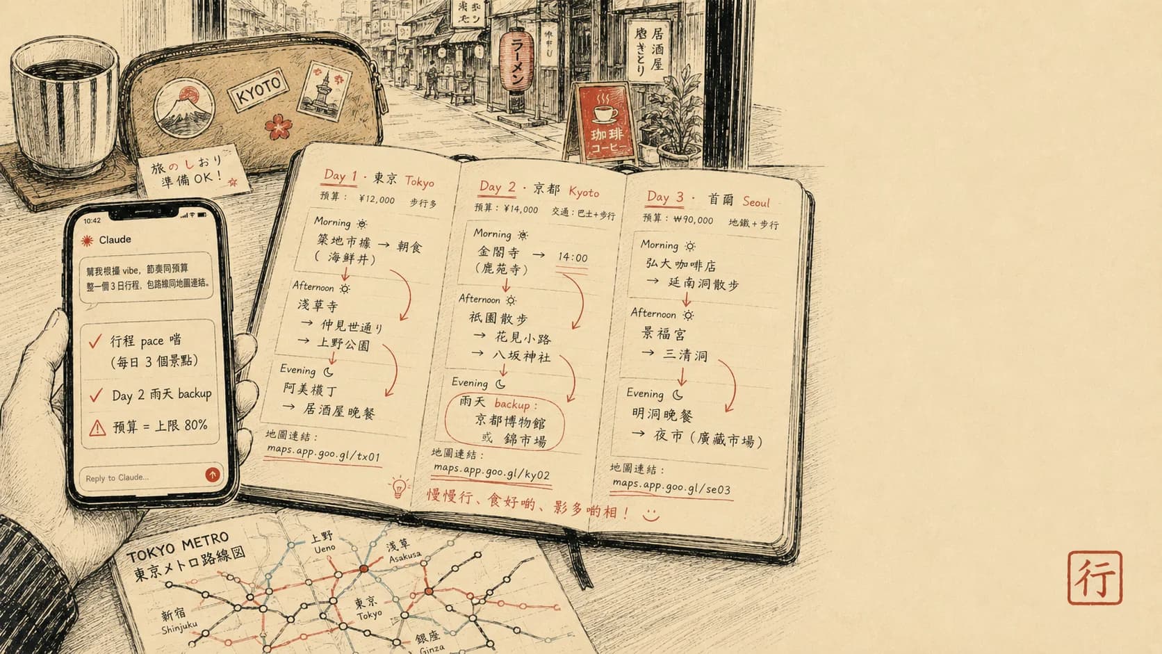 旅行行程規劃：用 Claude 整逐日行程（連 Google Maps 連結）