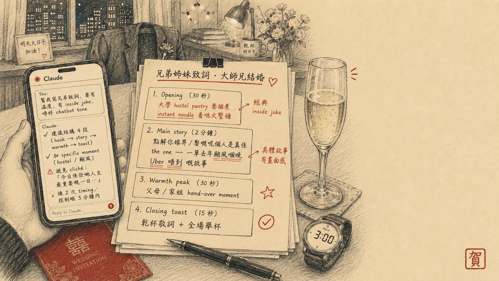 婚宴致詞稿：用 Claude 寫到唔似 chatbot 嘅婚禮致詞（香港兄弟姊妹版）