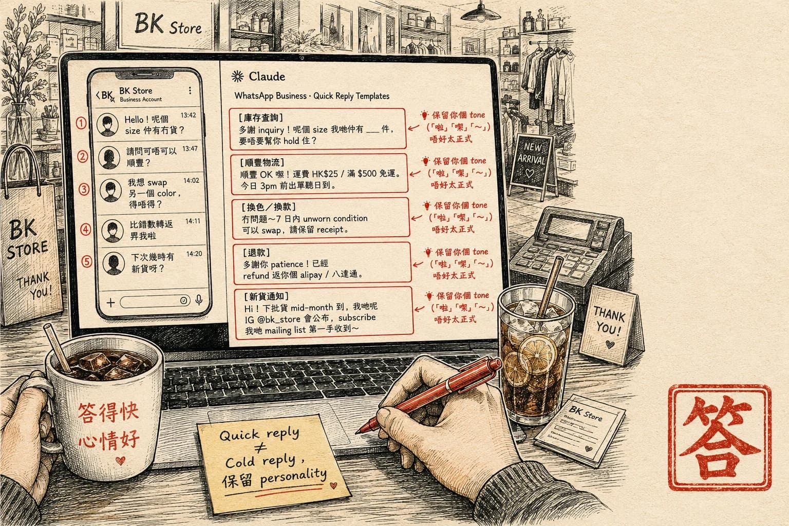 WhatsApp 客戶回覆模板（香港小店主版）：用 Claude 定 5 個常用回覆
